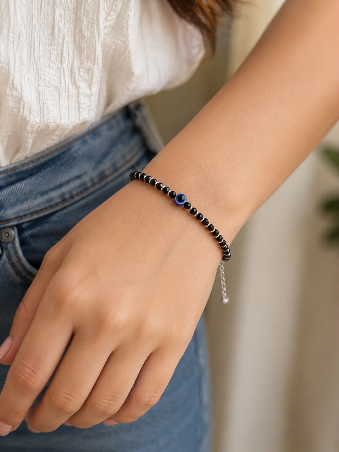 Black Crystal Beaded Bracelet with Evil Eye Charm