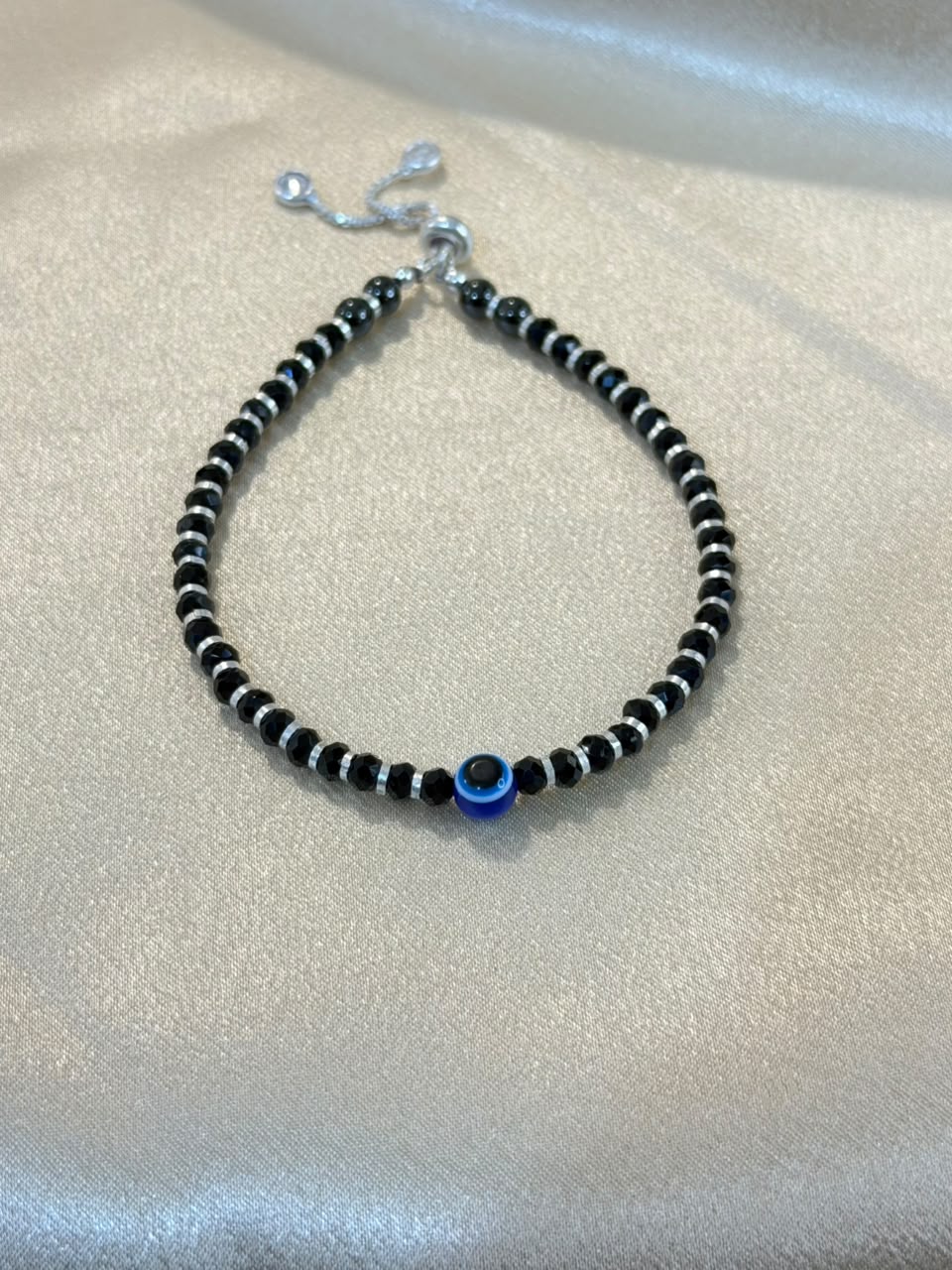 Black Crystal Beaded Bracelet with Evil Eye Charm