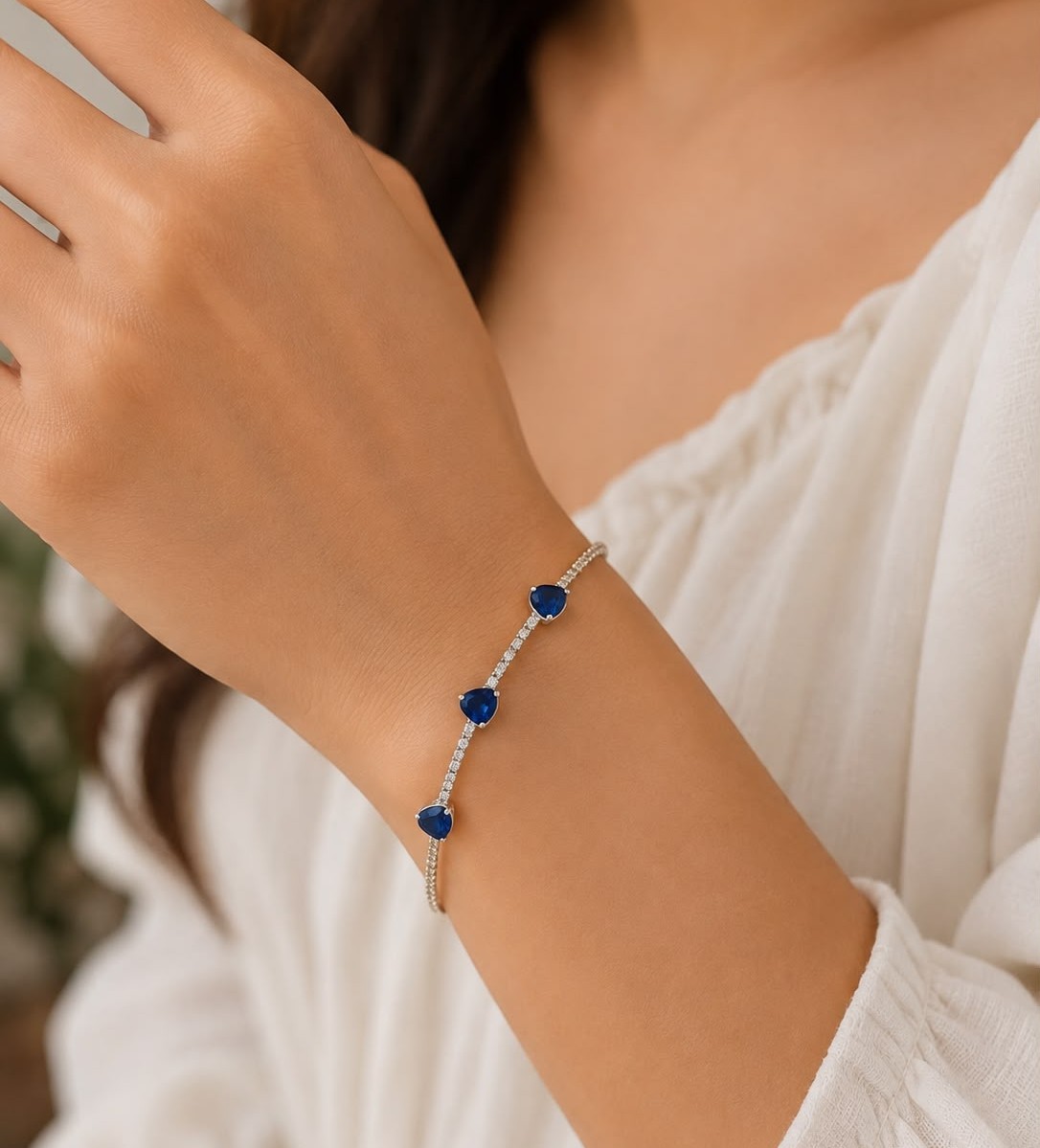 925 Silver Blue Heart Stone Tennis Bracelet