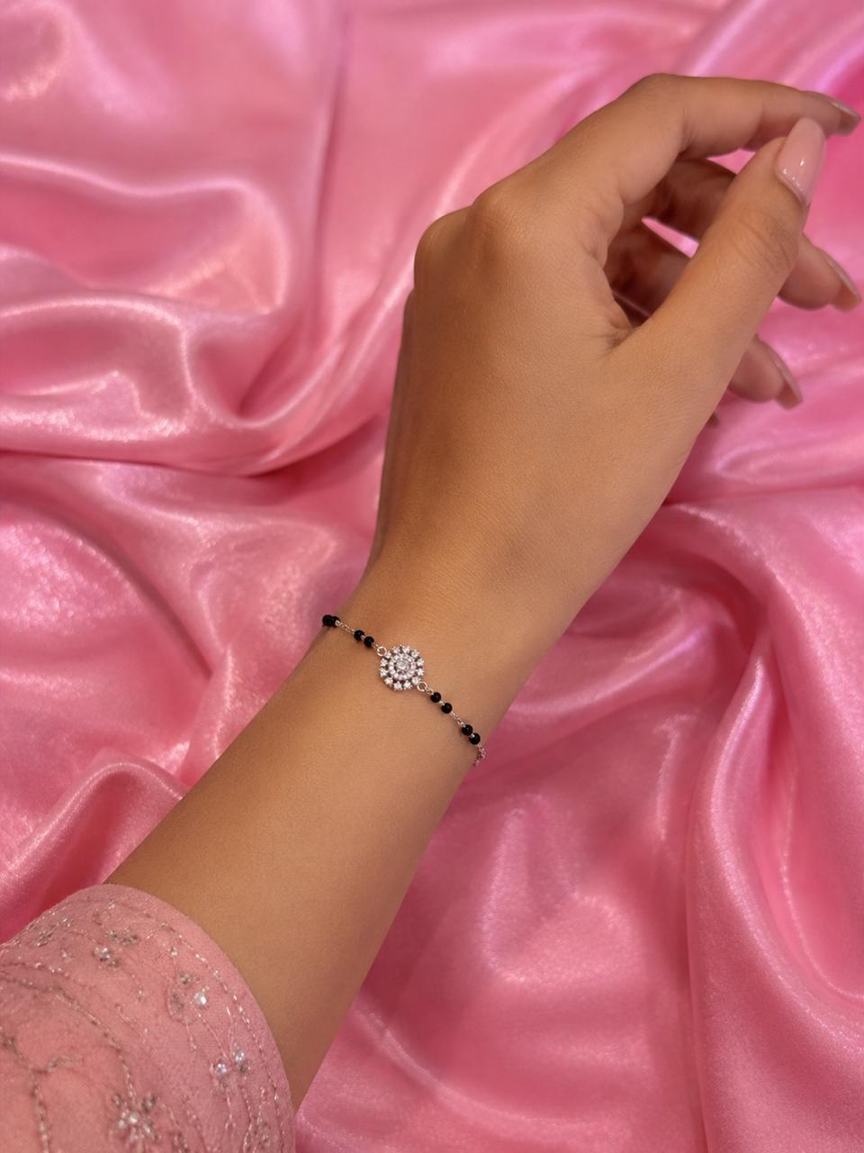 925 Silver Mangalsutra Style Black Beads CZ Bracelet