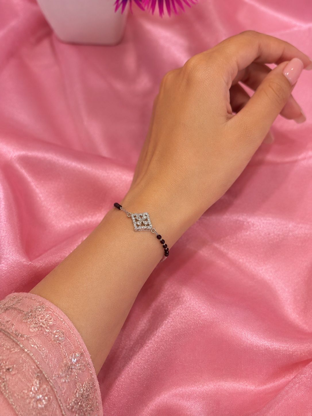 Mangalsutra Style Black Beads CZ Diamond Shape Charm Bracelet