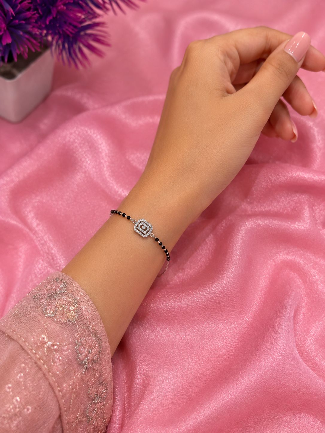Silver Mangalsutra Style Black Beads CZ Square Halo Charm Bracelet
