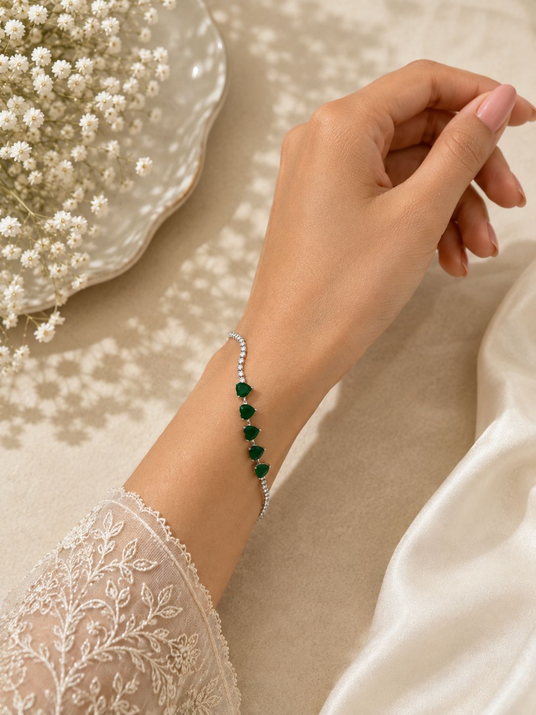 925 Silver Emerald Green Heart Tennis Bracelet