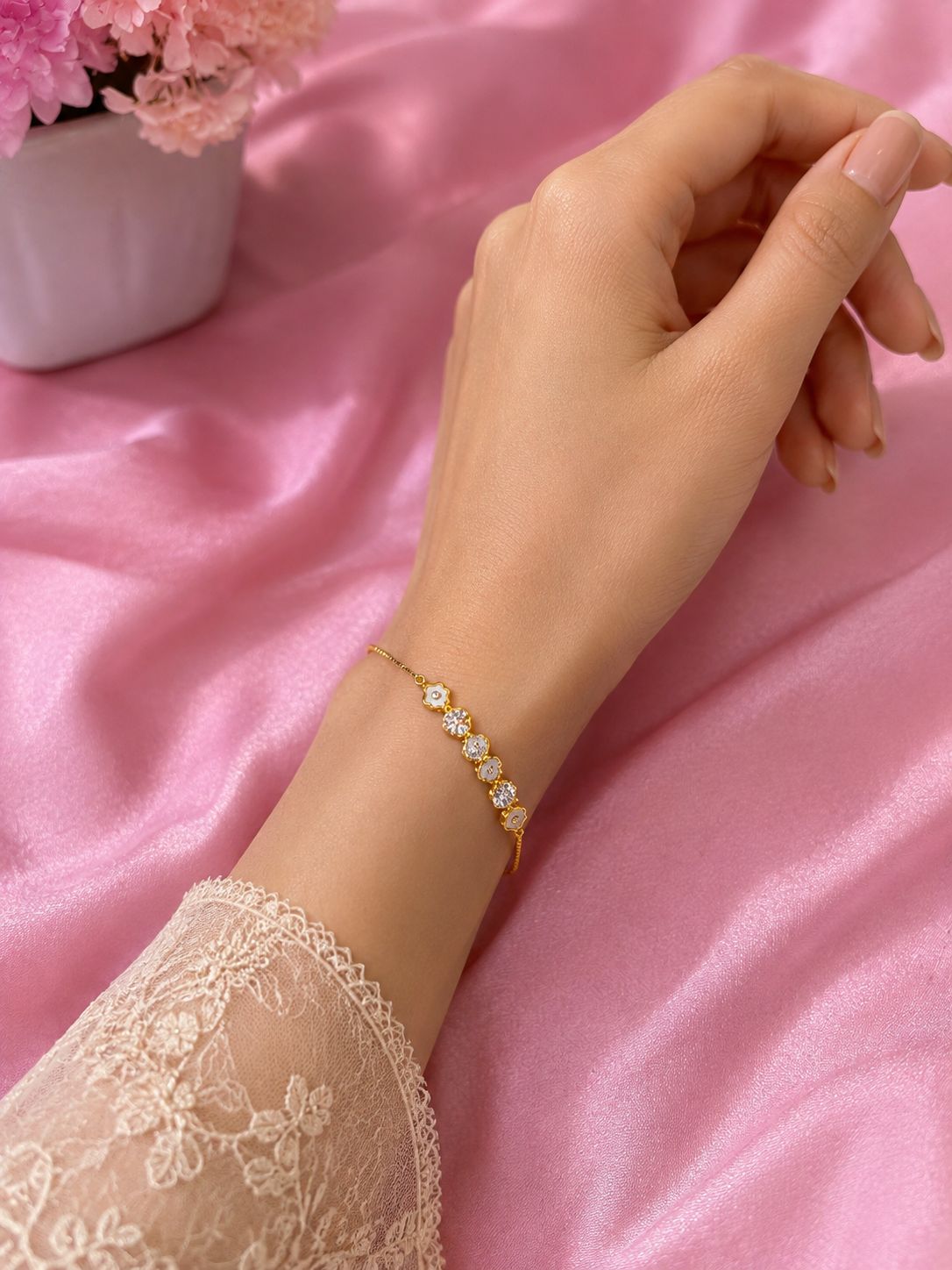 925 Silver Gold Polish White Enamel & CZ Flower Clover Bracelet