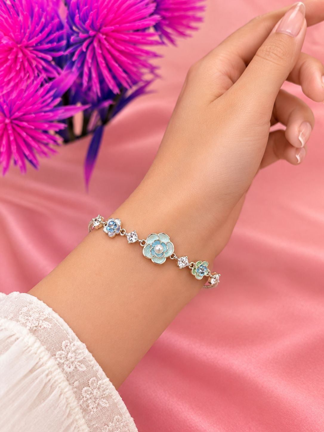 925 Silver Mother-of-Pearl Rose Flower CZ Bracelet