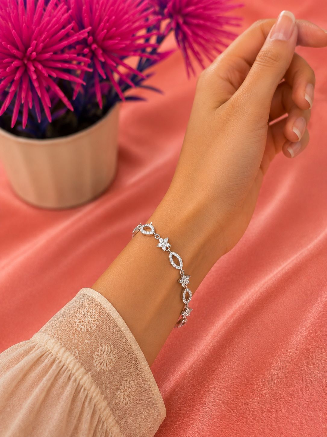 925 Silver CZ Floral Marquise Link Bracelet