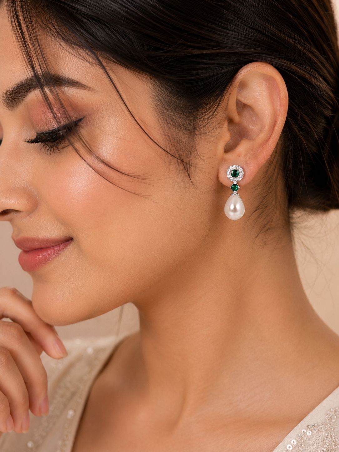 925 Silver Emerald Green CZ & Pearl Drop Earrings