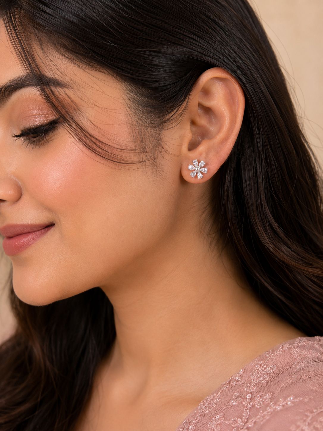 925 Silver CZ Flower Stud Earrings