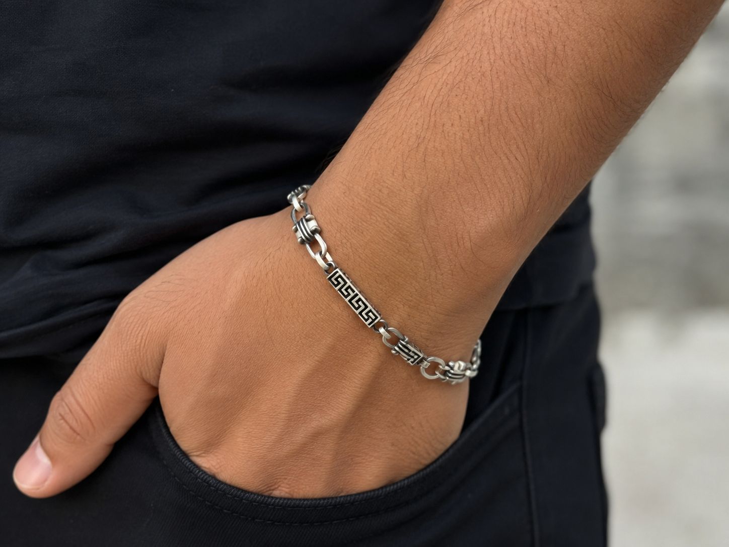 925 Oxidized Silver Greek Key Link Bracelet