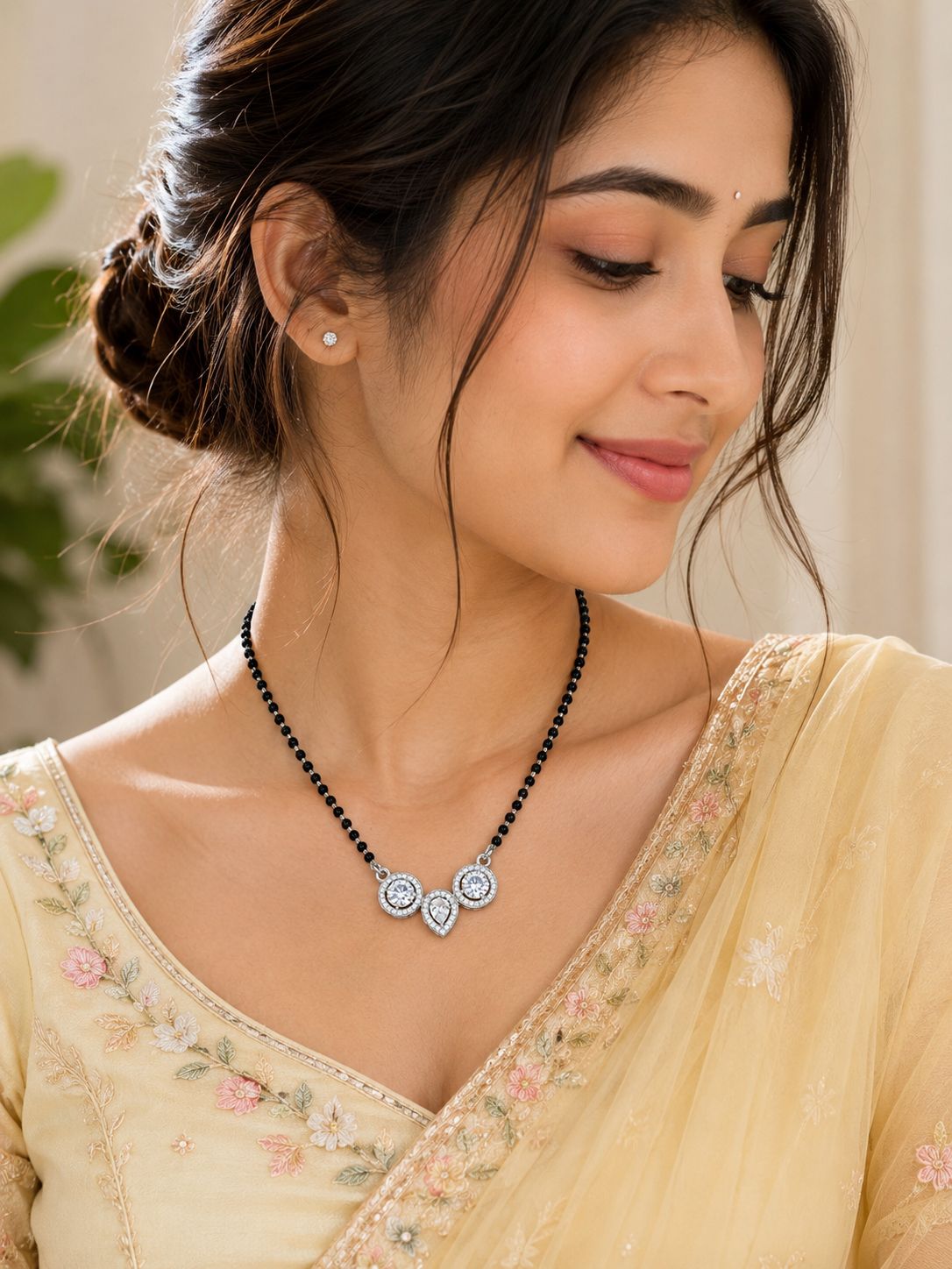 925 Silver Mangalsutra with Round & Pear CZ Trio Pendant