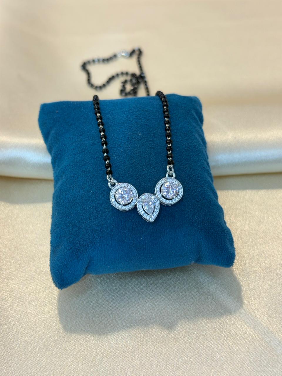 925 Silver Mangalsutra with Round & Pear CZ Trio Pendant