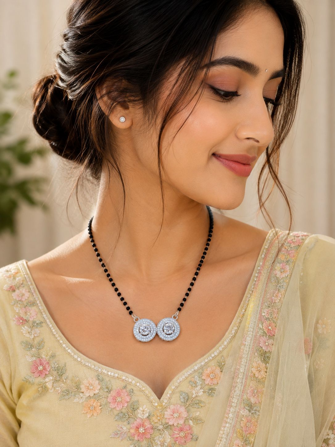 925 Silver Mangalsutra with Double CZ Halo Pendant