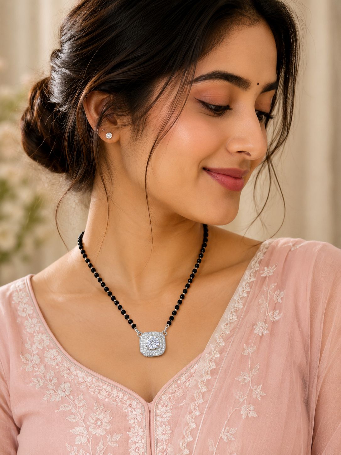 925 Silver Mangalsutra with Single Square Halo Pendant
