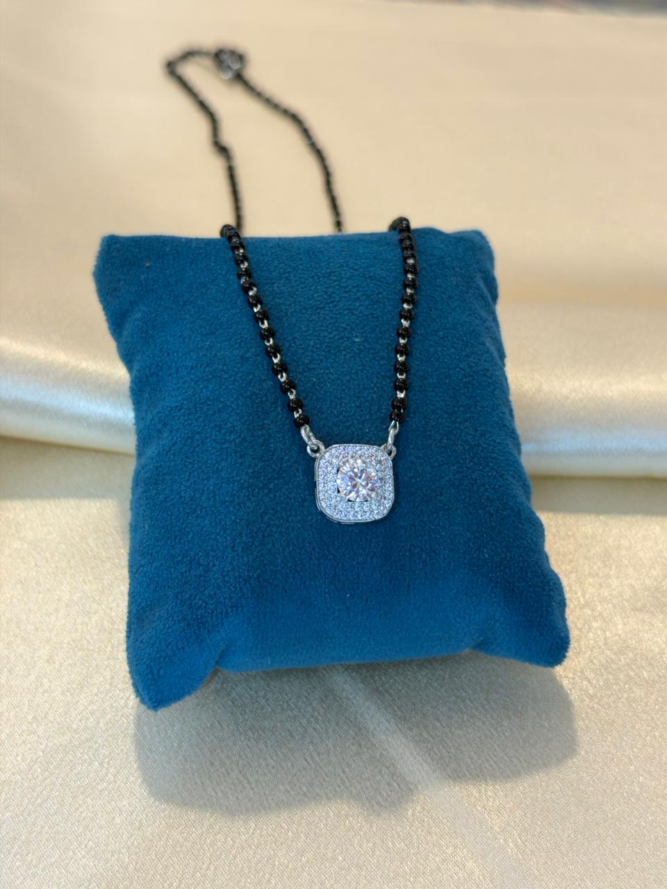 925 Silver Mangalsutra with Single Square Halo Pendant