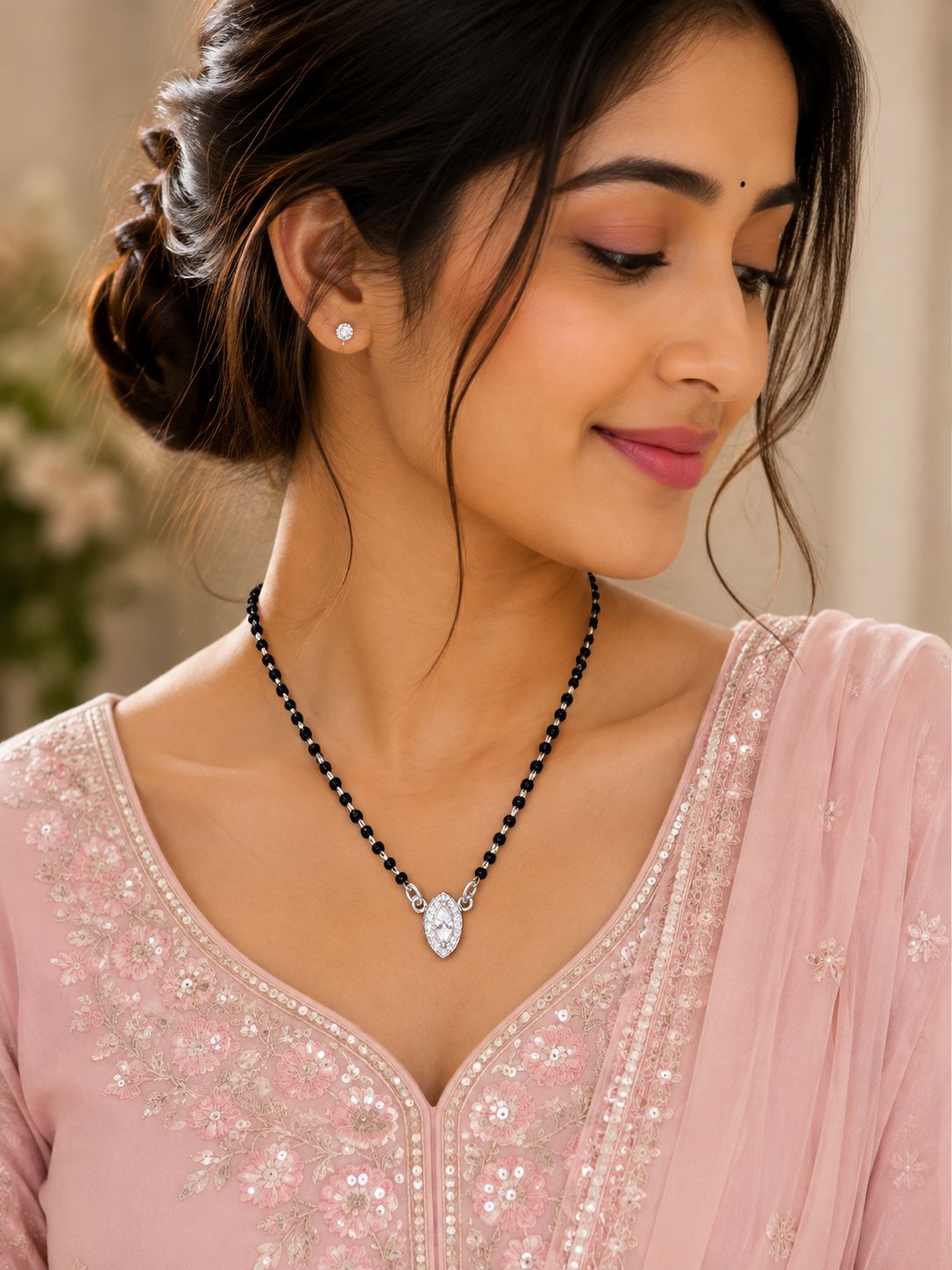 925 Silver Mangalsutra with Marquise CZ Pendant