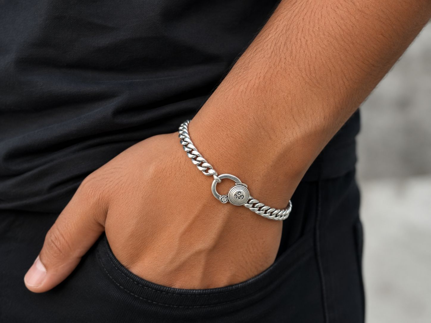 925 Silver Curb Chain Bracelet with Om Clasp