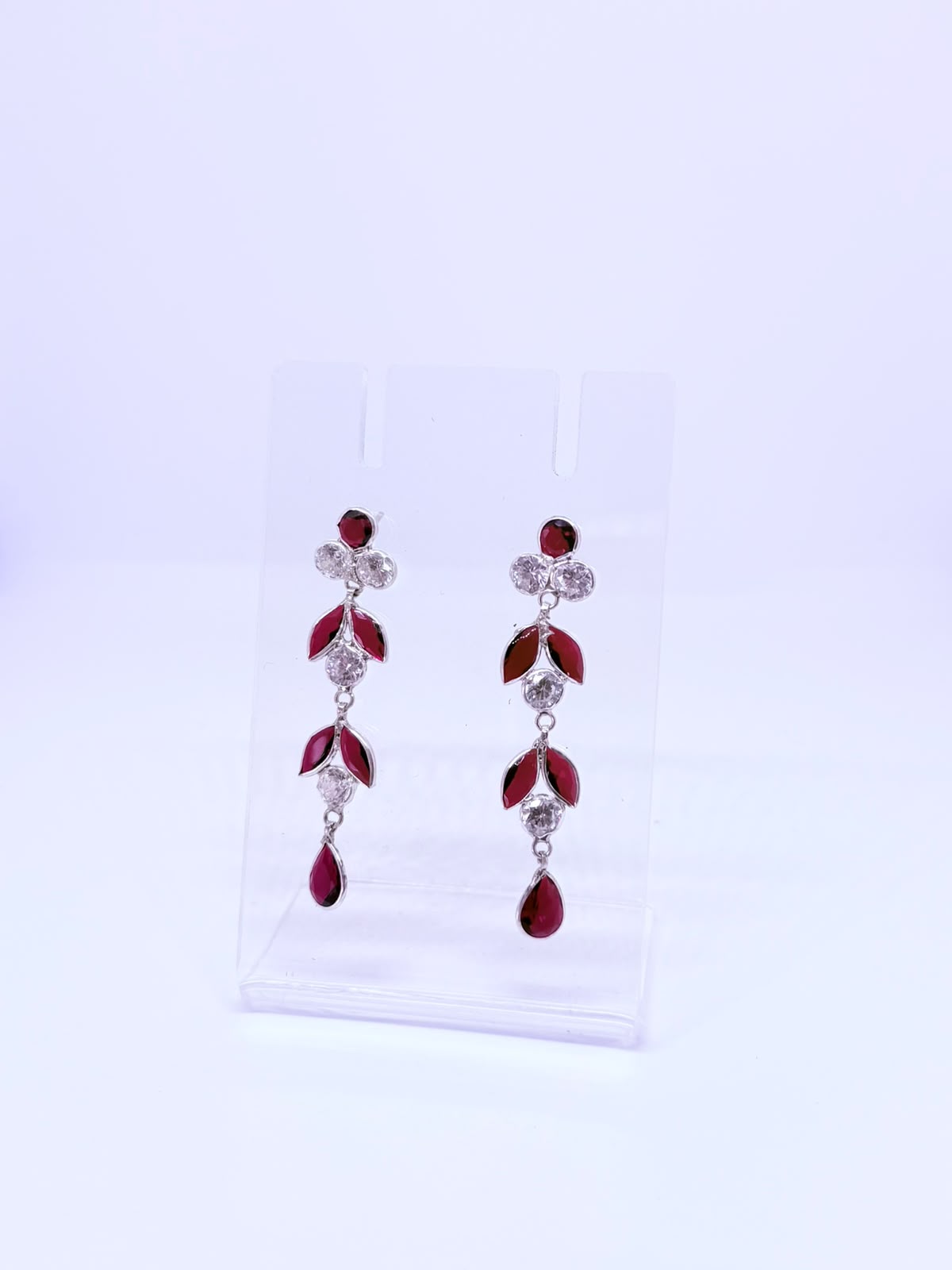 Silver Ruby & CZ Long Dangle Earrings – Floral Leaf Design Drop Earrings