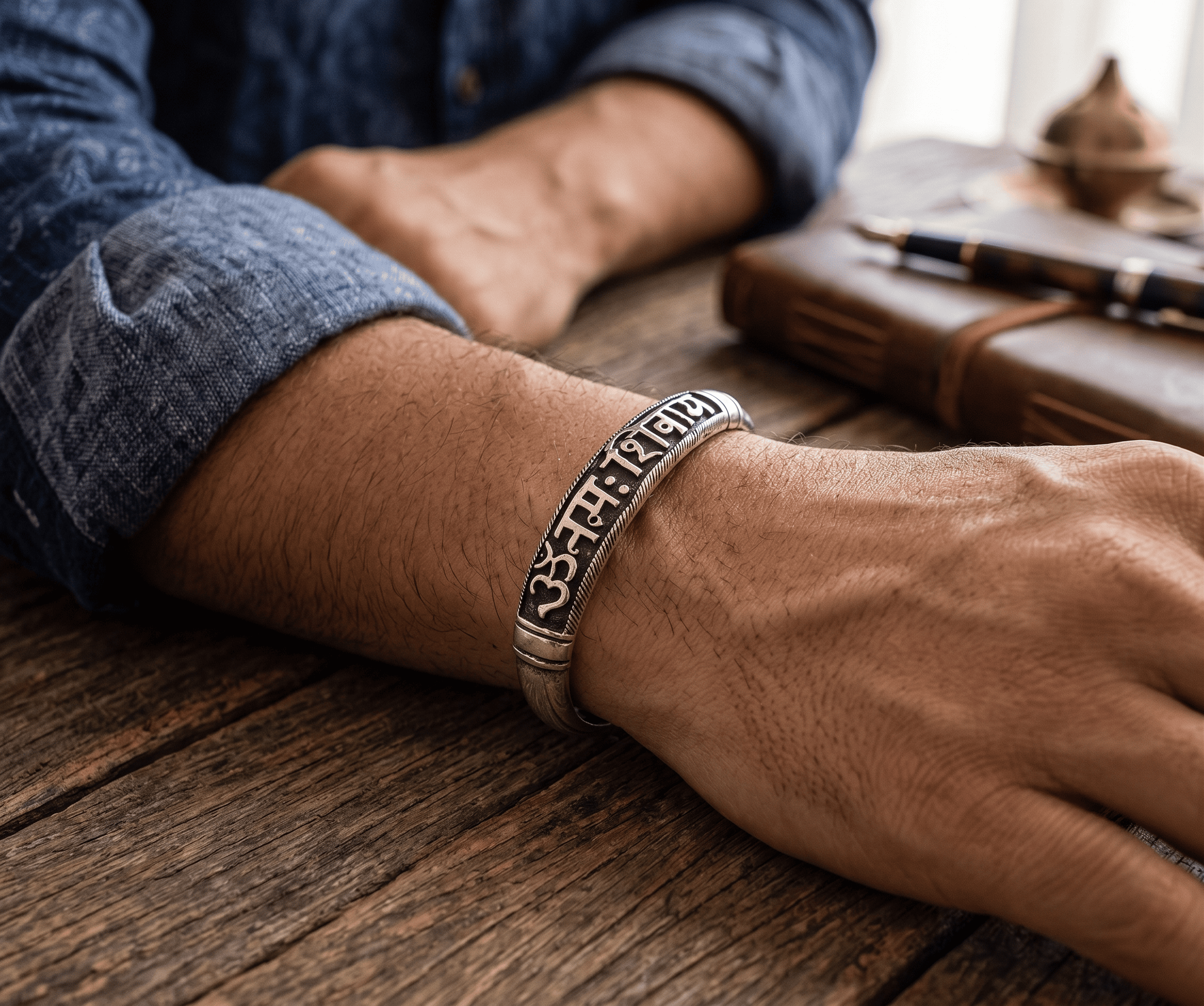 Silver Om Shiva Mantra Cuff Bracelet Oxidized Engraved Men's Kada