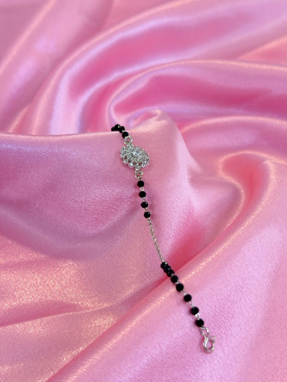 925 Silver Mangalsutra Style Black Beads CZ Bracelet