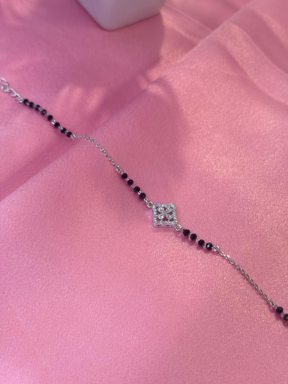 Mangalsutra Style Black Beads CZ Diamond Shape Charm Bracelet