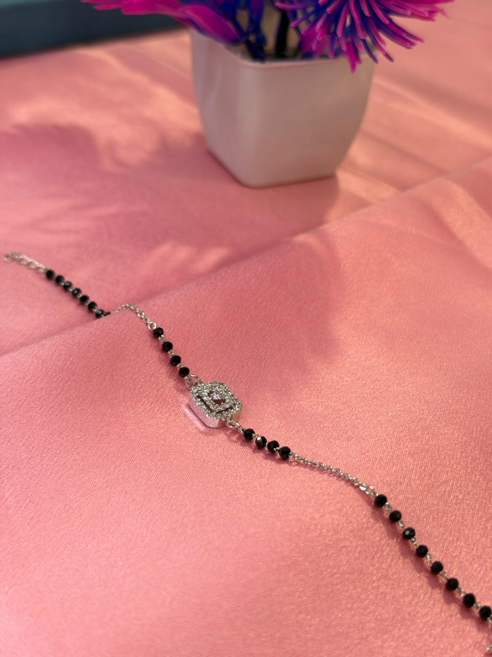 Silver Mangalsutra Style Black Beads CZ Square Halo Charm Bracelet
