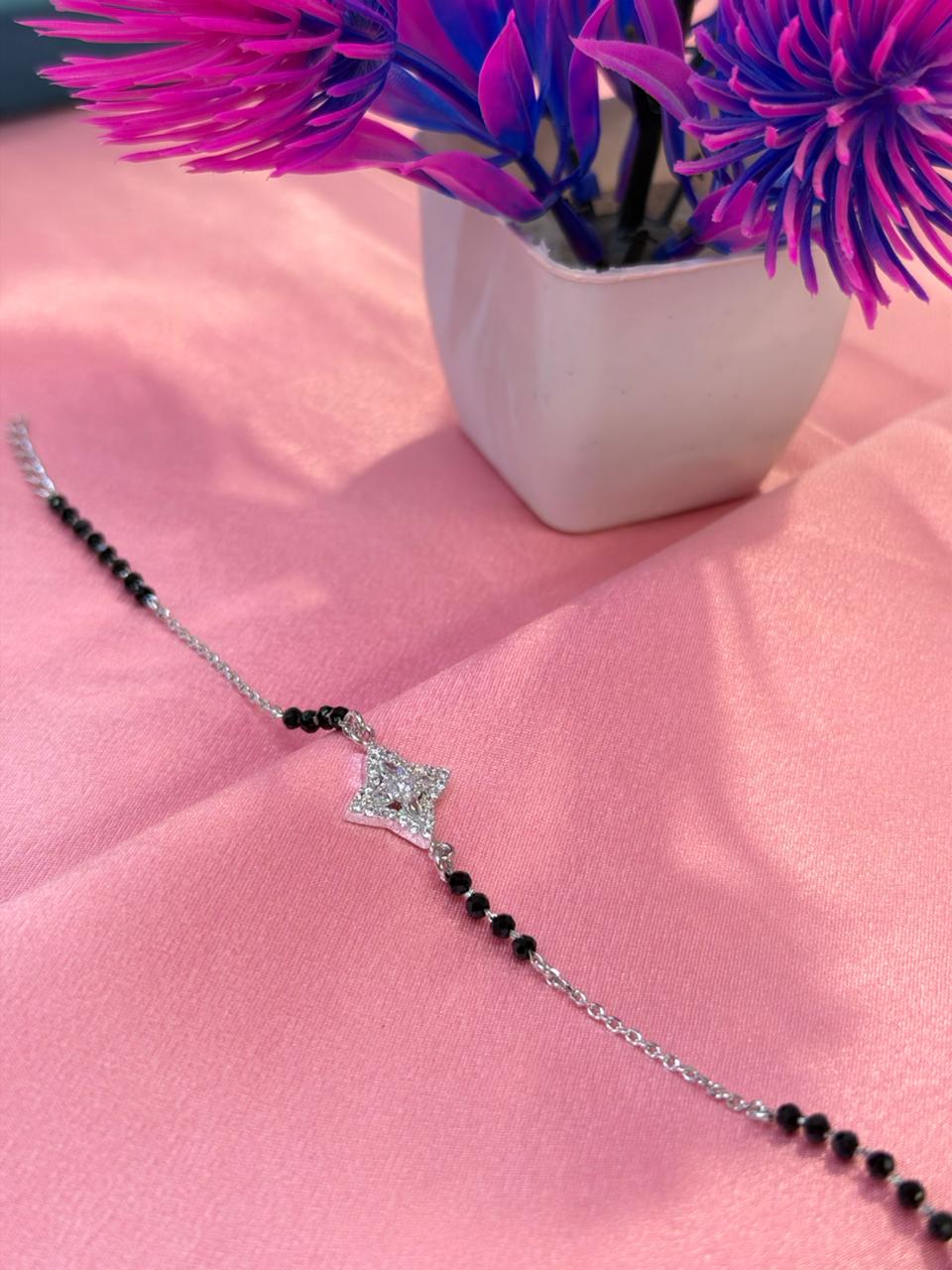 Silver Mangalsutra Style Black Beads CZ Star Charm Bracelet
