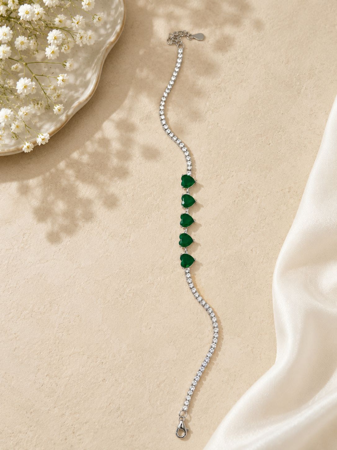 925 Silver Emerald Green Heart Tennis Bracelet