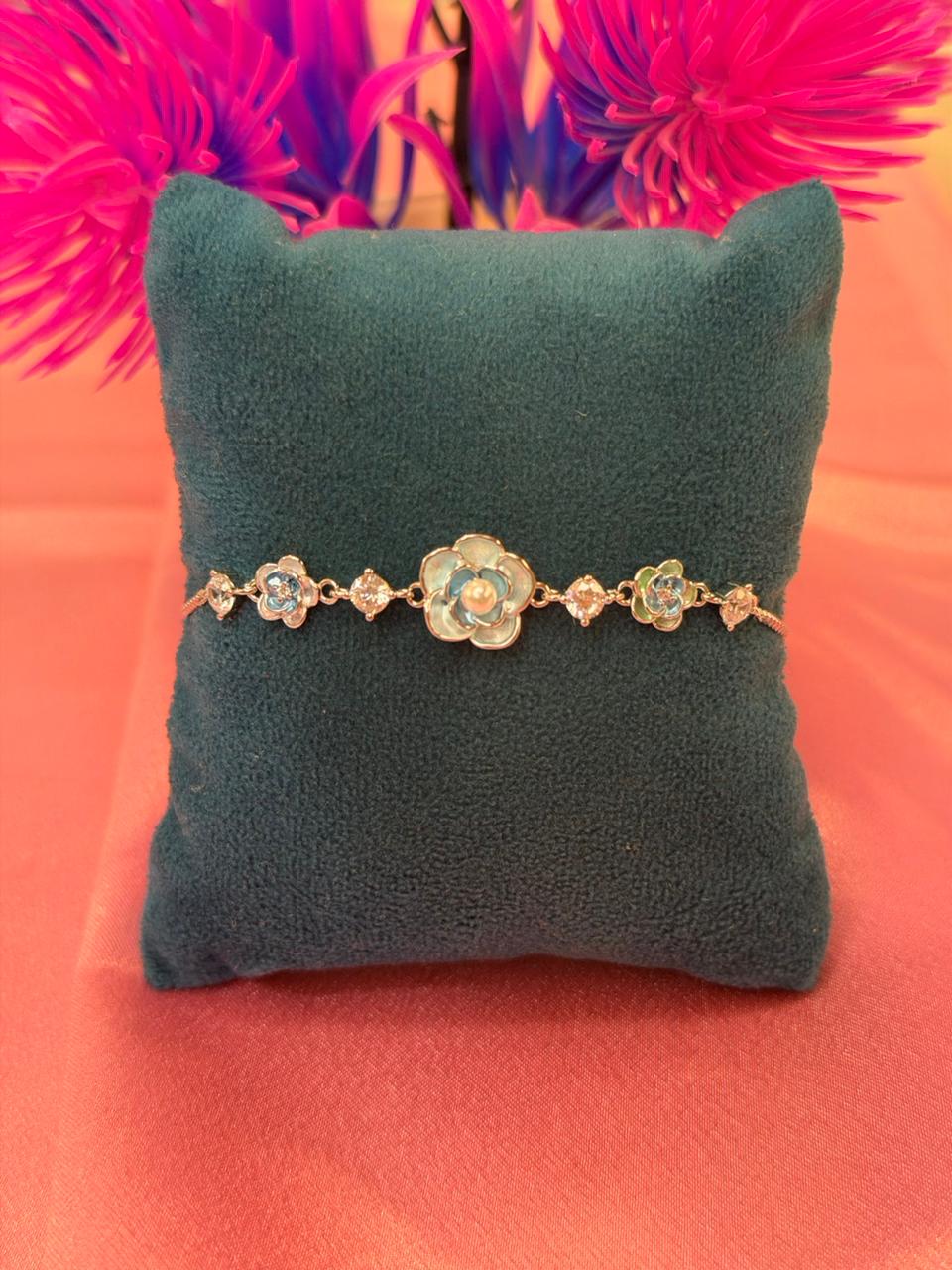 925 Silver Mother-of-Pearl Rose Flower CZ Bracelet