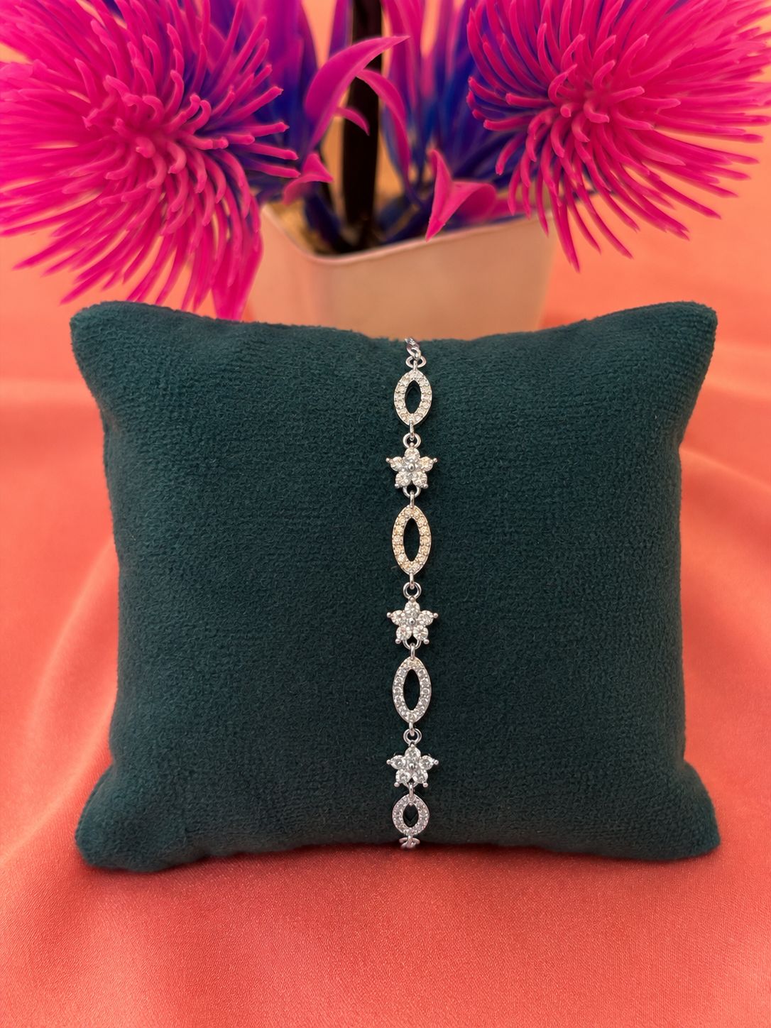 925 Silver CZ Floral Marquise Link Bracelet