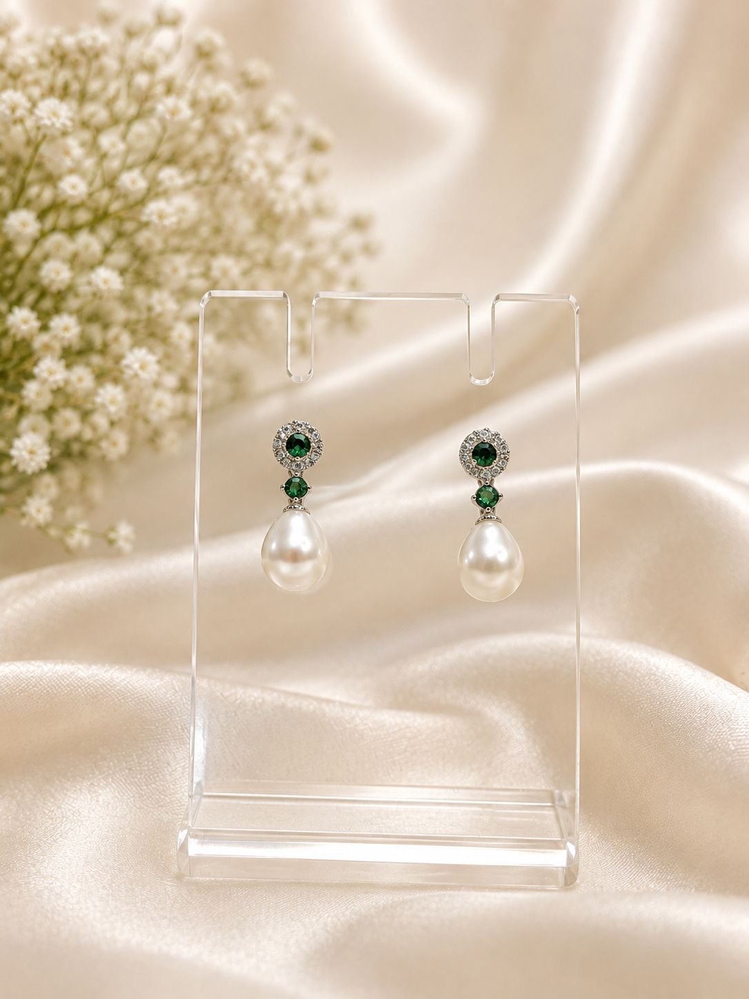 925 Silver Emerald Green CZ & Pearl Drop Earrings