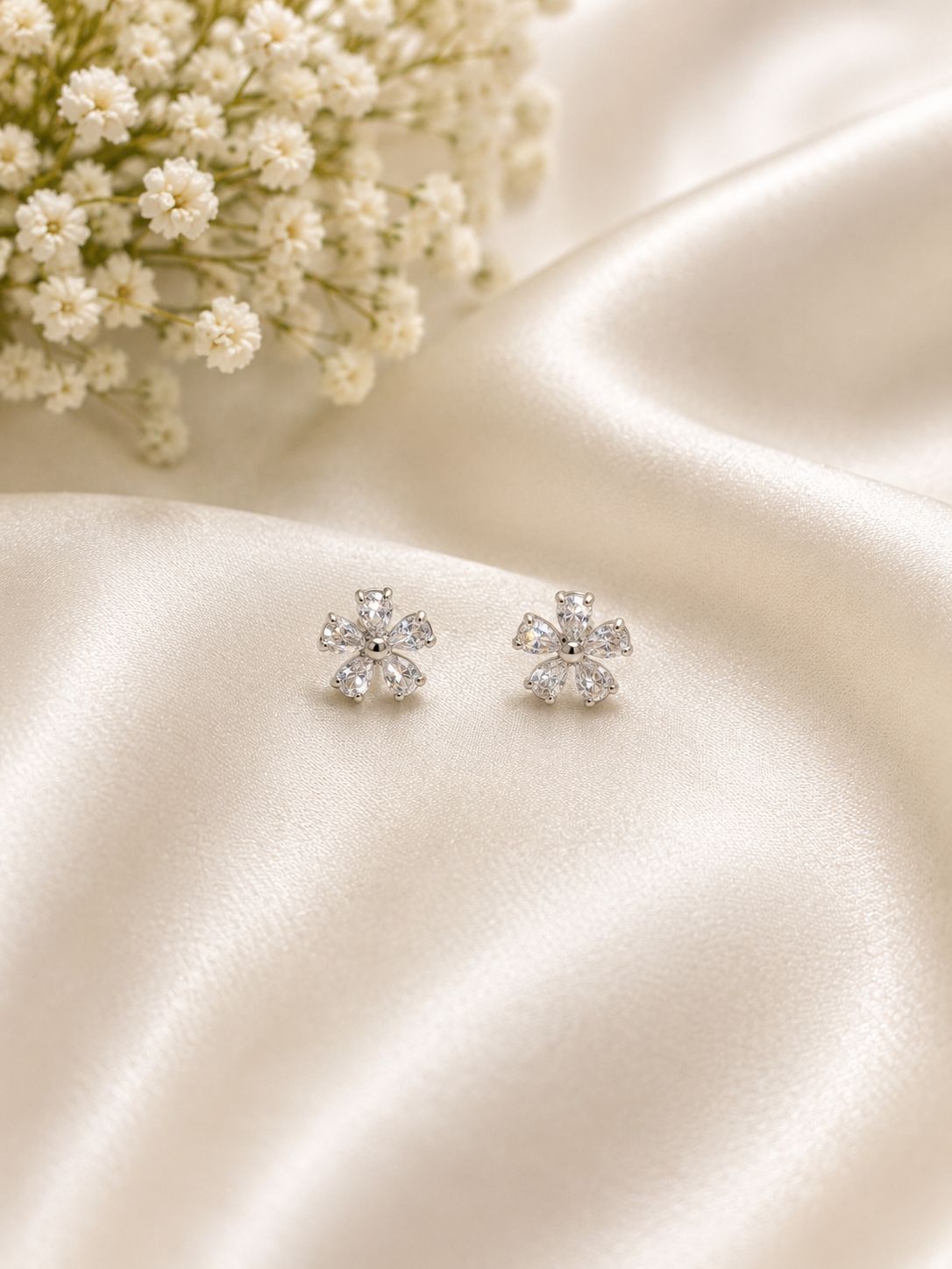 925 Silver CZ Flower Stud Earrings