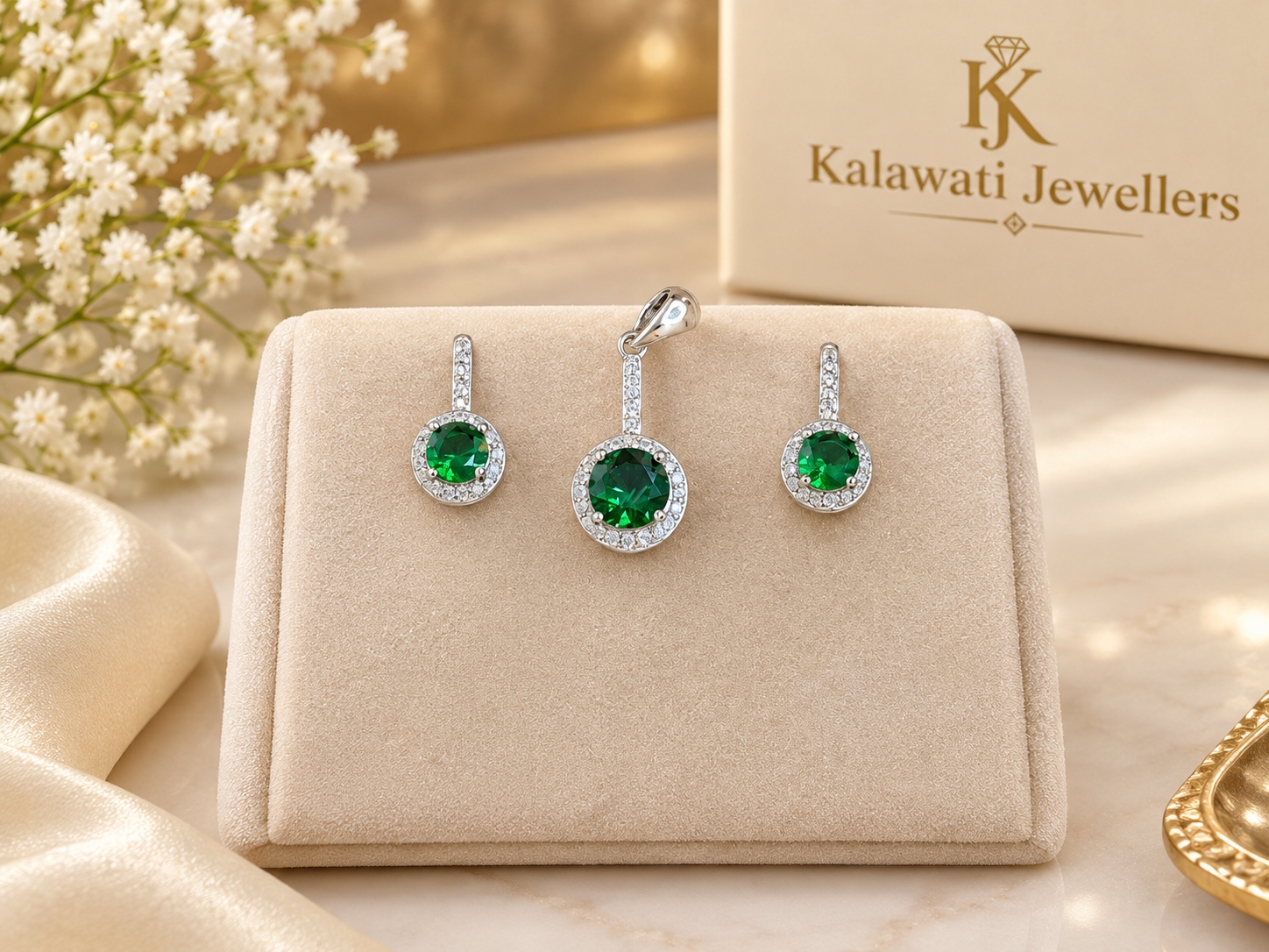 925 Sterling Silver Emerald Green Halo Pendant Set Green CZ Cluster Necklace & Earrings Set