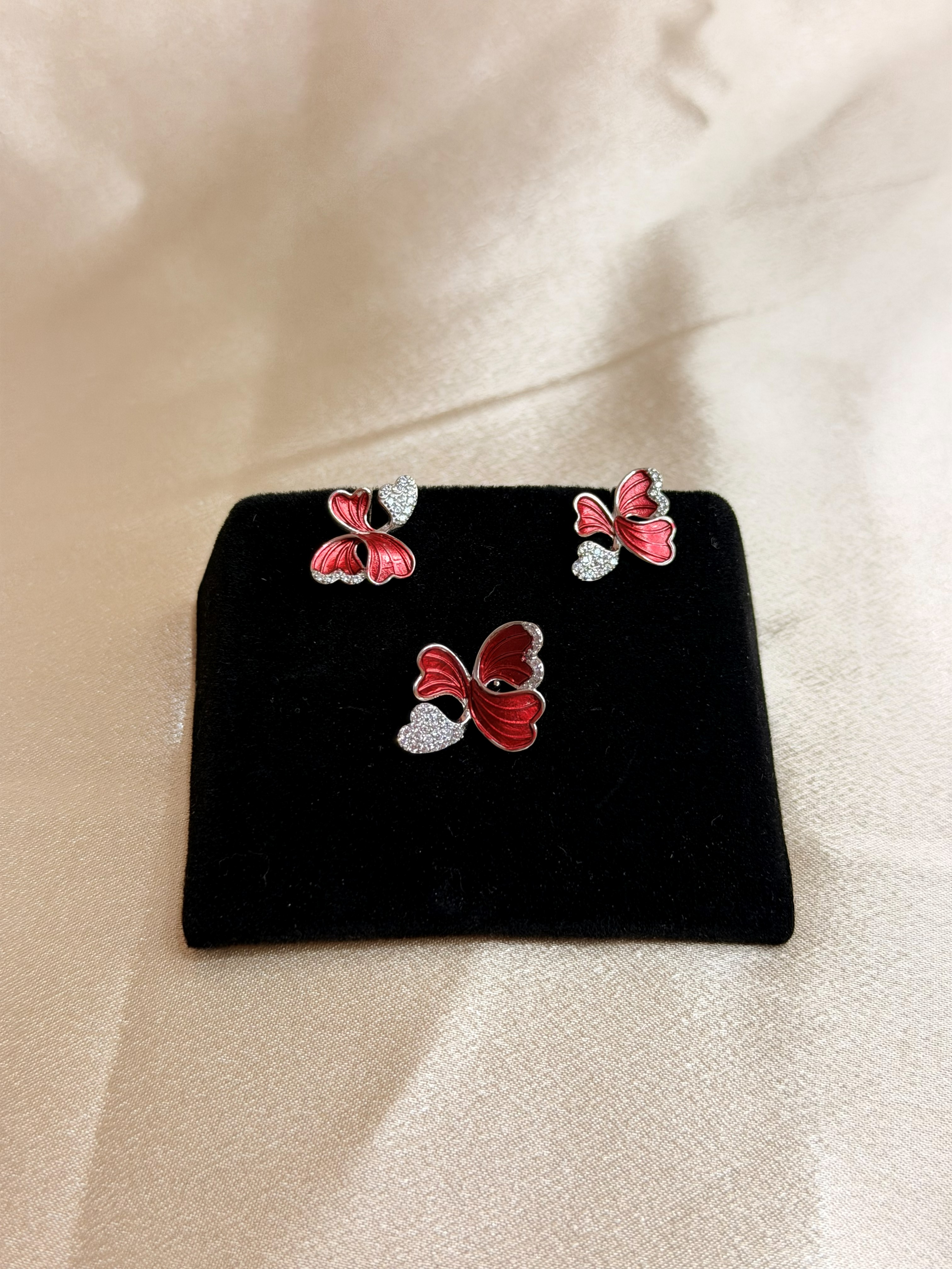 925 Sterling Silver Red Enamel Butterfly Pendant Set | CZ Studded Butterfly Necklace & Earrings Set
