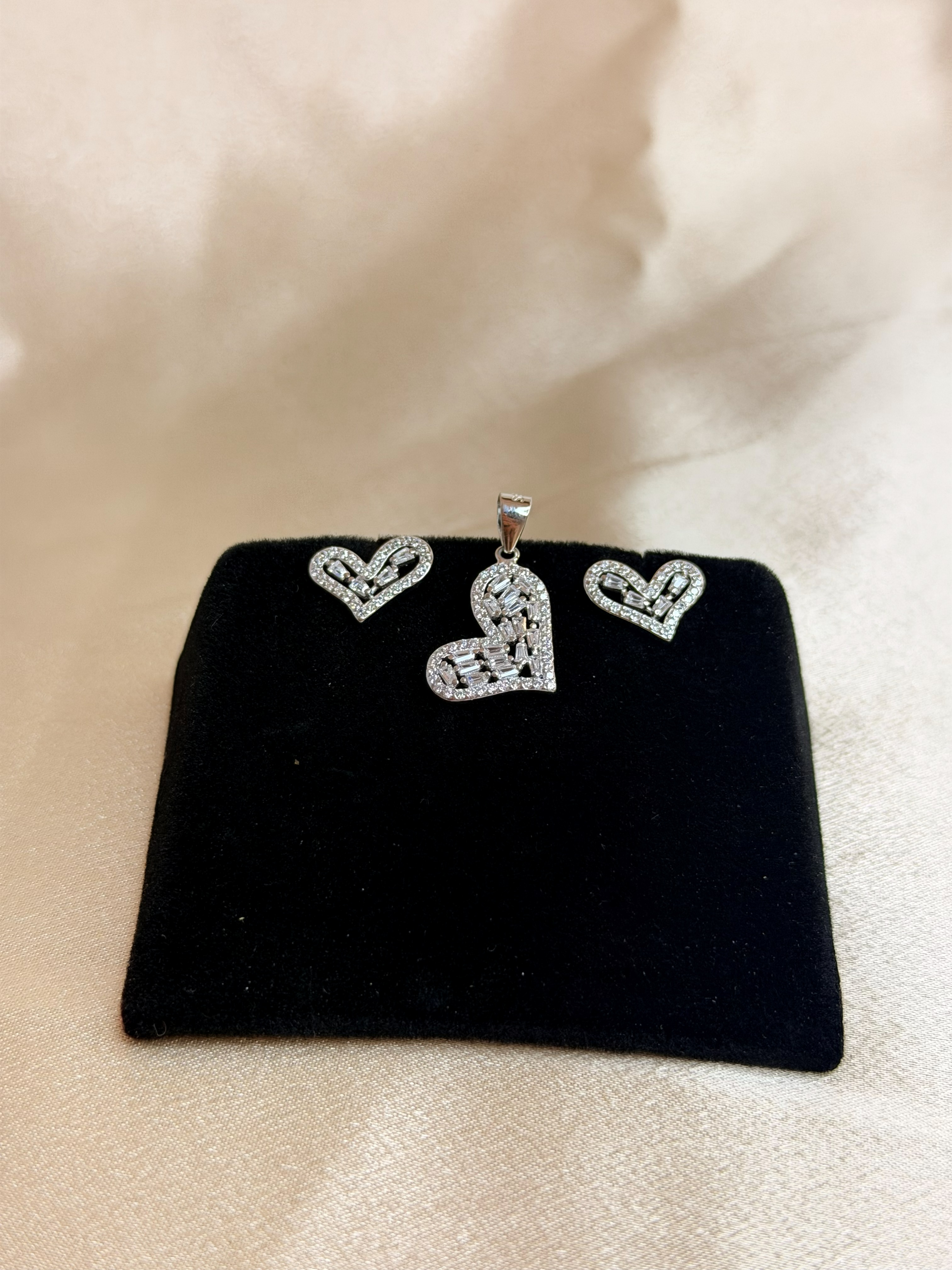 925 Sterling Silver Heart Pendant Set Baguette CZ Studded Heart Necklace & Earrings Set