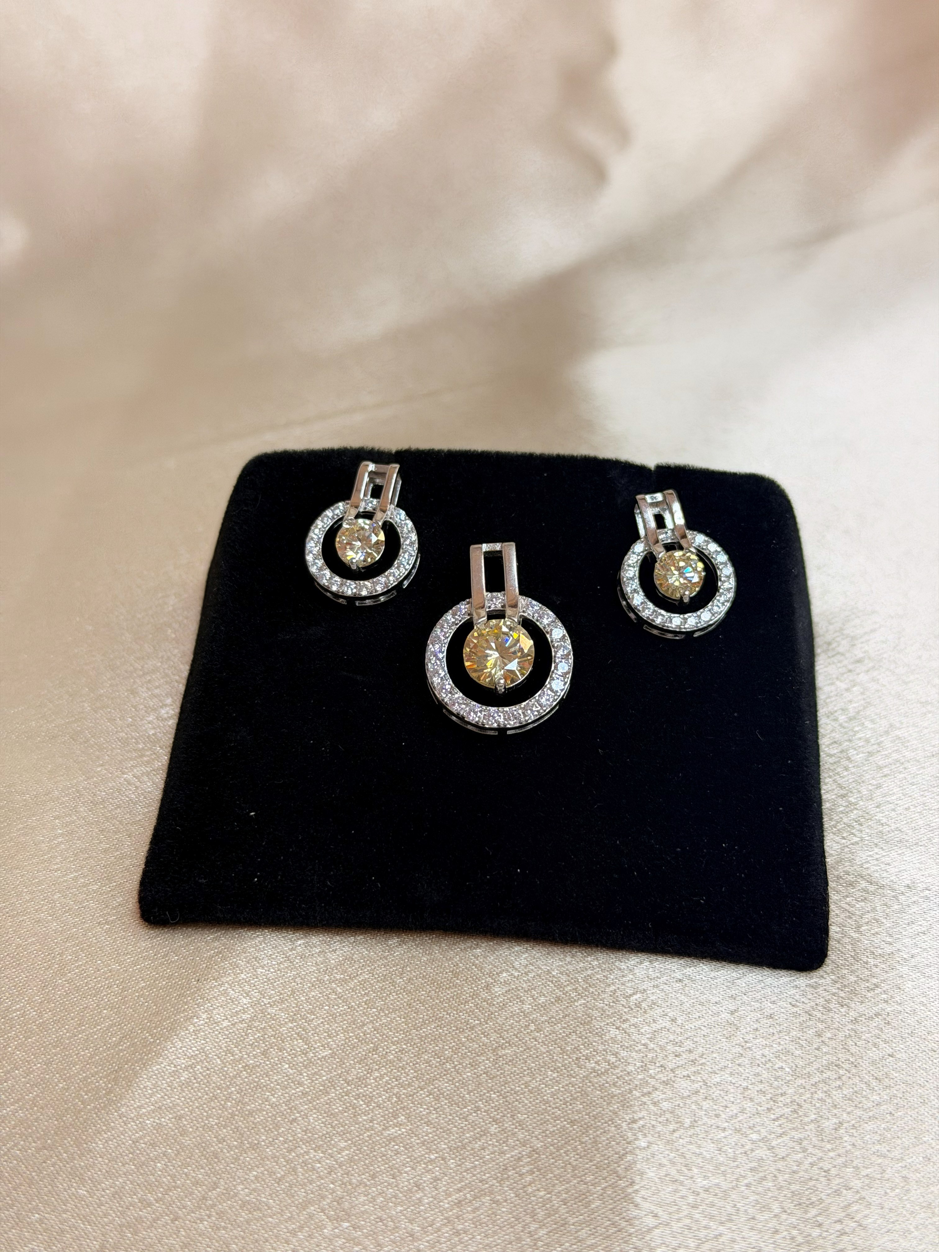 Circle Halo CZ Pendant Set,Champagne Topaz Round Halo Necklace & Earrings Set