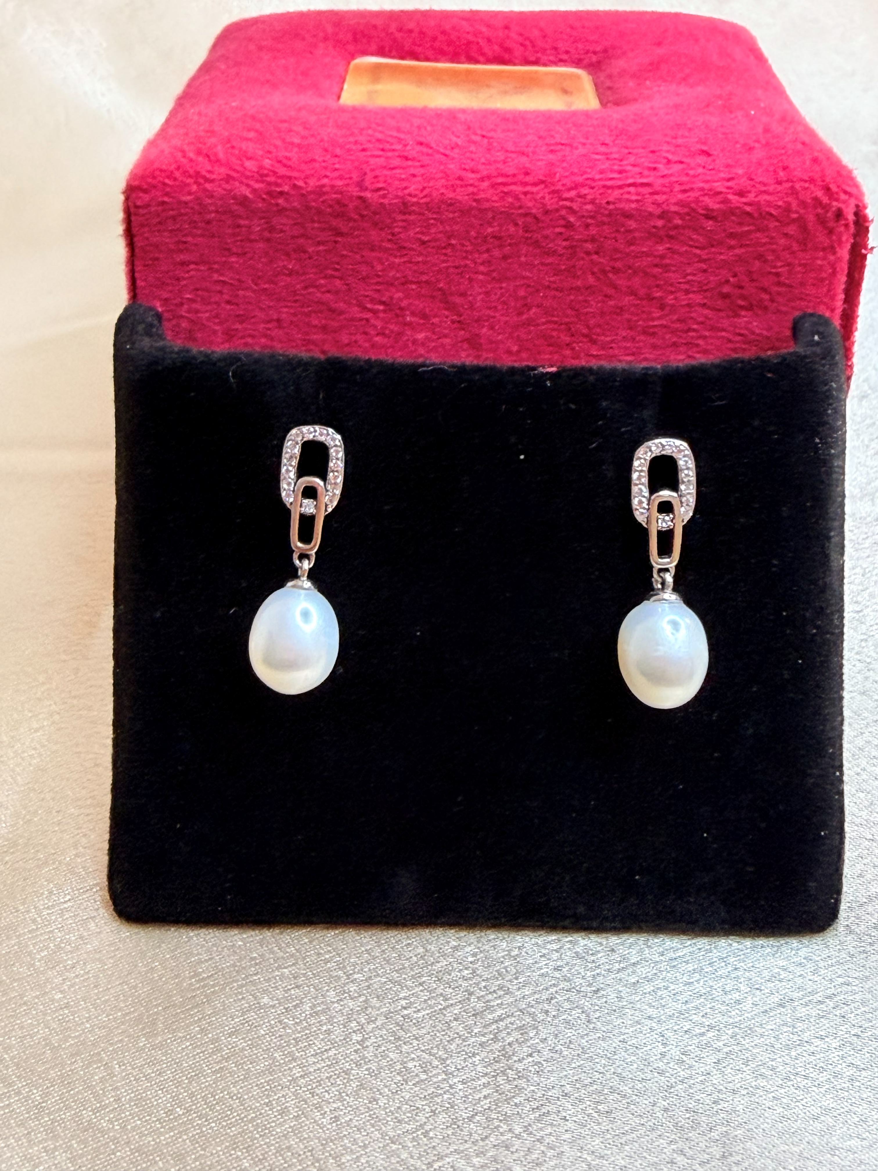 925 Sterling Silver Freshwater Pearl Drop Earrings CZ Link Pearl Dangle Earrings