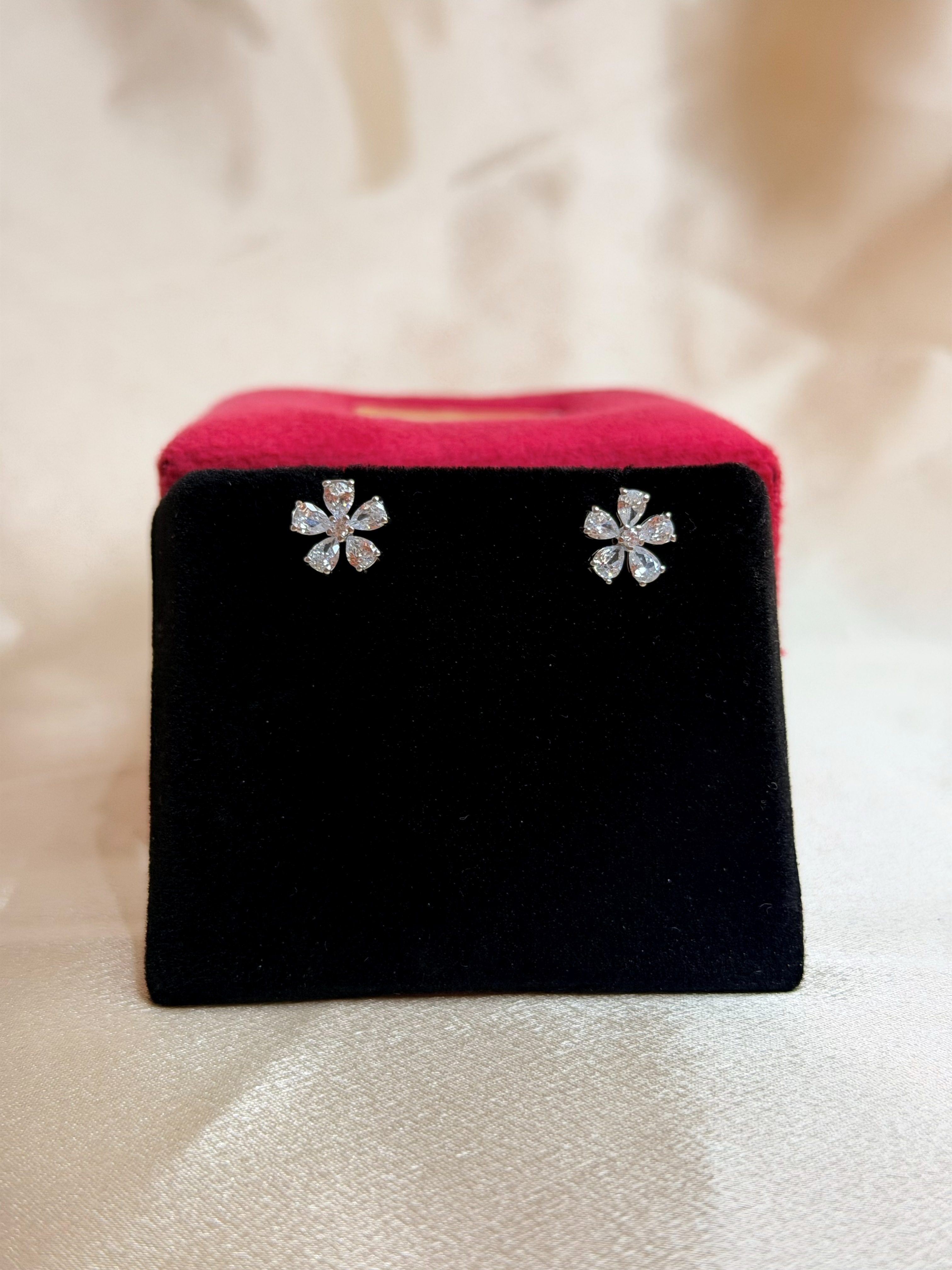 925 Sterling Silver CZ Flower Stud Earrings Pear Cut Cubic Zirconia Floral Studs