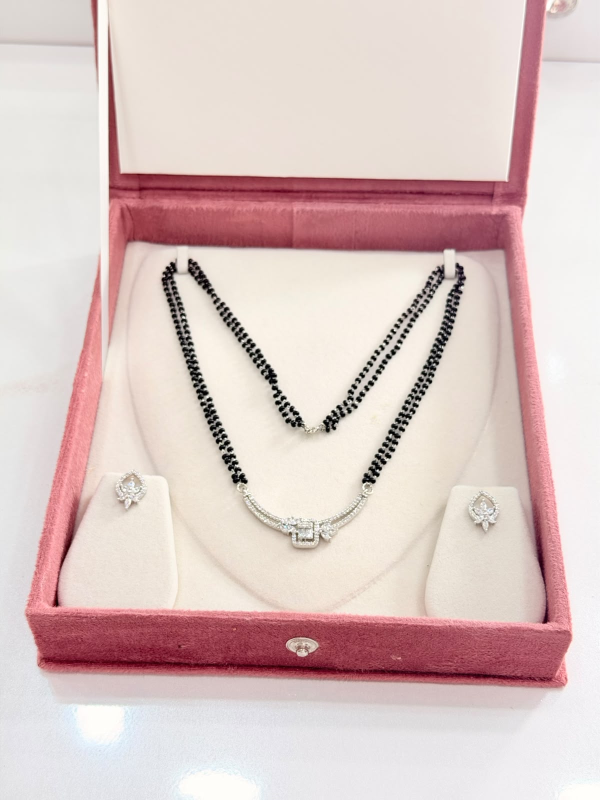 Diamond Look Mangalsutra with Earrings Set Double Line Black Beads